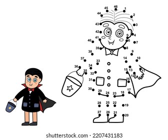 Dot To Dot Game For Kids. Connect The Dots And Draw A Cute Kid In Vampire Costume. Halloween Puzzle Activity Page For Children. Vector Illustration