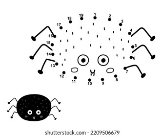 Dot to dot game for kids. Connect the dots and draw a cute spider. Funny puzzle activity page for children. Vector illustration