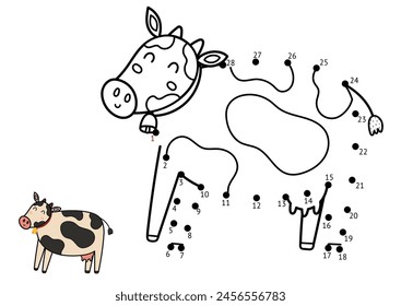 Juego punto a punto para niños. Conecta los puntos y dibuja una vaca linda. Página de actividad de rompecabezas de animales de granja. Ilustración vectorial