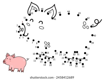 Dot to dot game for kids. Connect the dots and draw a cute pig. Farm animal puzzle activity page. Vector illustration