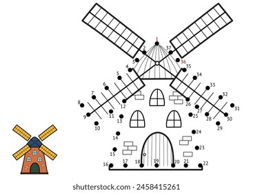 Dot to Dot Spiel für Kinder. Verbinden Sie die Punkte und zeichnen Sie ein Windrad. Farm-Puzzle-Aktivität Seite. Vektorillustration