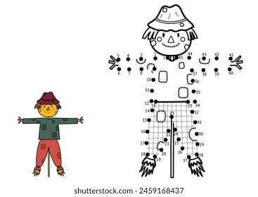 Dot to dot game for kids. Connect the dots and draw a cute scarecrow. Farm character puzzle activity page. Vector illustration