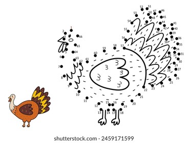 Juego punto a punto para niños. Conecta los puntos y dibuja un pavo lindo. Página de actividad de rompecabezas de animales de granja con un pollo divertido. Ilustración vectorial