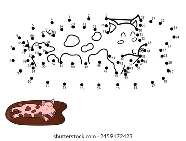 Dot to dot game for kids. Connect the dots and draw a cute pig in the puddle of mud. Farm animal puzzle activity page. Vector illustration
