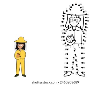Juego punto a punto para niños. Conecta los puntos y dibuja un apicultor lindo. Página de actividad del rompecabezas de la granja. Ilustración vectorial