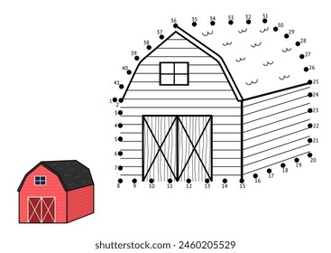 Dot to dot game for kids. Connect the dots and draw a barn. Farm puzzle activity page. Vector illustration