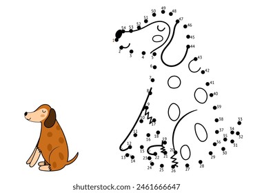 Juego punto a punto para niños. Conecta los puntos y dibuja un perro lindo. Página de actividad del rompecabezas animal. Ilustración vectorial