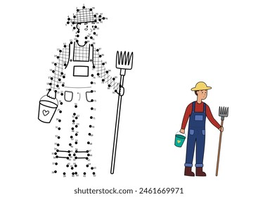 Dot to dot game for kids. Connect the dots and draw a farmer. Farm character puzzle activity page. Vector illustration