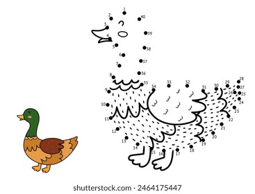 Dot to Dot Spiel für Kinder. Verbinde die Punkte und zeichne eine süße Ente. Farm-Tier-Puzzle-Aktivität Seite mit einem lustigen Huhn. Vektorillustration