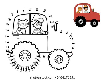 Dot to dot game for kids. Connect the dots and draw a tractor with cute boy farmer and a cat. Farm puzzle activity page. Vector illustration