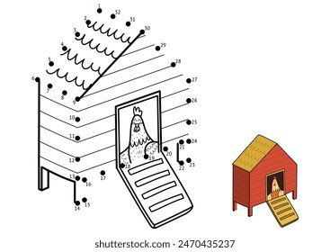 Juego punto a punto para niños. Conecta los puntos y dibuja un gallinero. Página de actividad del rompecabezas de la granja. Ilustración vectorial