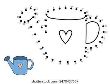 Dot to dot game for kids. Connect the dots and draw a watering can. Farm puzzle activity page. Vector illustration