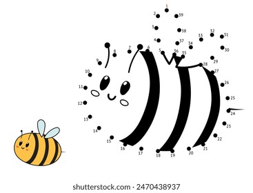 Juego punto a punto para niños. Conecta los puntos y dibuja una abeja linda. Página de actividad de rompecabezas de animales de granja con un pollo divertido. Ilustración vectorial