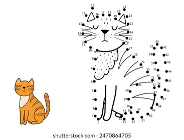 Dot to Dot Spiel für Kinder. Verbinde die Punkte und zeichne eine niedliche Katze. In: Animal Puzzle Activity Page. Vektorillustration