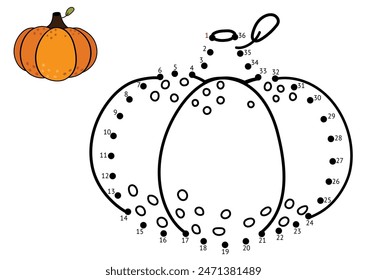 Juego punto a punto para niños. Conecta los puntos y dibuja una calabaza. Divertida página de actividad de puzzle. Ilustración vectorial
