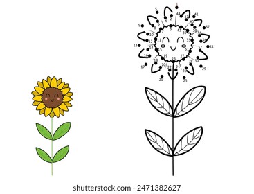 Juego punto a punto para niños. Conecta los puntos y dibuja un lindo girasol. Página de actividad del rompecabezas de la granja. Ilustración vectorial