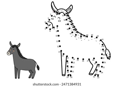 Dot to dot game for kids. Connect the dots and draw a cute donkey. Farm animal puzzle activity page. Vector illustration