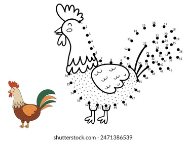 Juego punto a punto para niños. Conecta los puntos y dibuja un lindo gallo. Página de actividad de rompecabezas de animales de granja con un pollo divertido. Ilustración vectorial