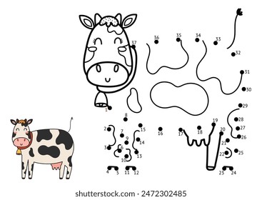 Dot to dot game for kids. Connect the dots and draw a cute cow. Farm animal puzzle activity page. Vector illustration