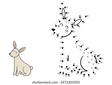 Dot to dot game for kids. Connect the dots and draw a cute rabbit. Funny animal puzzle activity page. Vector illustration