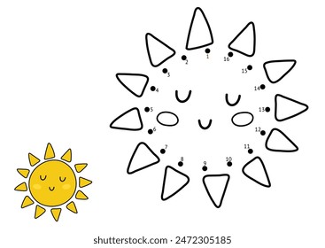 Juego punto a punto para niños. Conecta los puntos y dibuja un lindo personaje solar. Divertida página de actividad de puzzle. Ilustración vectorial