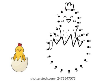 Dot to Dot Spiel für Kinder. Verbinde die Punkte und zeichne ein süßes Küken in ein Ei. Farm-Tier-Puzzle-Aktivität Seite mit einem lustigen Huhn. Vektorillustration