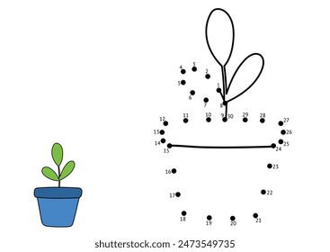 Dot to dot game for kids. Connect the dots and draw a plant in a pot. Funny puzzle activity page. Vector illustration