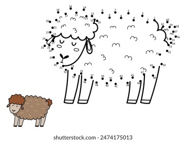 Dot to dot game for kids. Connect the dots and draw a cute sheep. Farm animal puzzle activity page. Vector illustration