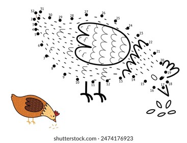 Dot to dot game for kids. Connect the dots and draw a cute hen pecking grain. Farm animal puzzle activity page with a funny chicken. Vector illustration