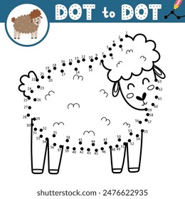 Dot to dot game for kids. Connect the dots and draw a cute sheep. Farm animal puzzle activity page. Vector illustration