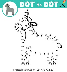 Dot to dot game for kids. Connect the dots and draw a cute donkey. Farm animal puzzle activity page. Vector illustration