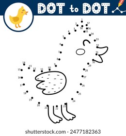 Dot to dot game for kids. Connect the dots and draw a cute duckling. Farm animal puzzle activity page with a funny chick. Vector illustration