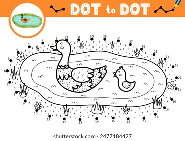 Dot to dot game for kids. Connect the dots and draw a mother duck with her duckling in the pond. Farm animal puzzle activity page. Vector illustration