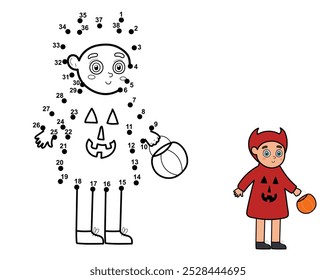 Dot to dot game for kids. Connect the dots and draw a cute kid in devil’s costume. Halloween puzzle activity page for children. Vector illustration