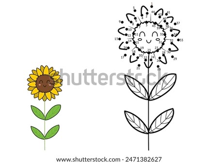 Dot to dot game for kids. Connect the dots and draw a cute sunflower. Farm puzzle activity page. Vector illustration
