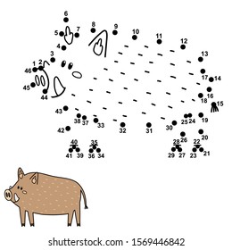 Dot to dot game for kids. Connect the numbers and draw a cute boar. Educational activity. Printable coloring worksheet for children. Vector illustration