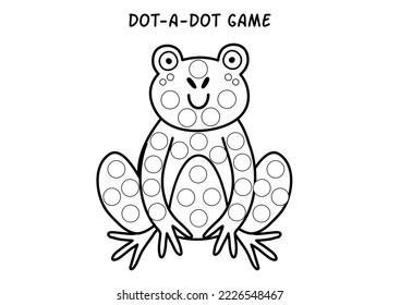 Dot a dot game for kids with cute frog. Funny activity page for toddlers. Animal dot marker worksheet. Vector illustration