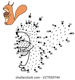Dot to dot game for kids with a cute squirrel. Connect the numbers, draw a funny forest animal and color it. Activity template for children. Vector illustration