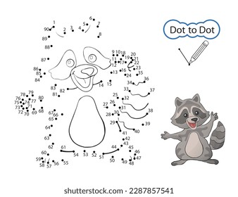 Dot to dot game. Kids drawing riddle on activity page. Finish the image of raccoon. Drawn by numbers. Children education worksheet. Vector illustration.