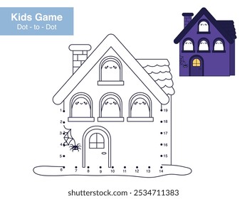 Dot to dot game for kids. Haunted house with ghosts. Halloween activity page. Education worksheet. Finish drawing image. Vector illustration.