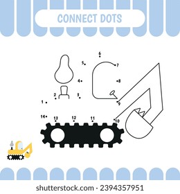 Dot to dot game for kids. Join and color excavator. Activity worksheet for preschool children. Vector illustration
