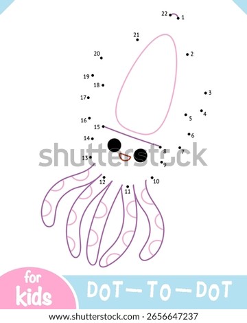 Dot to dot game for kids with squid cute character. Count numbers and complete image of sea animal. Simple ocean themed educational activity worksheet