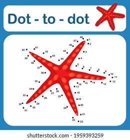Dot to dot game for kids vector illustration. Number drawing line puzzle game with a red starfish. Coloring page for children. 