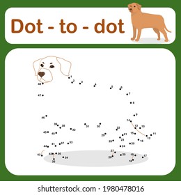 Dot To Dot Game For Kids Vector Illustration. Number Tracing Line Puzzle Game With A Dog. Coloring Page For Children. 