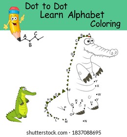 Dot to dot game with letters for kids. Learning the uppercase letters of the English alphabet with cute cartoon Alligator. Logic Game and Coloring Page for preschool. Worksheet for practicing alphabet