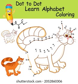 Dot to dot game with letters for kids. Learning the uppercase letters of the English alphabet with cute cartoon Cat. Logic Game and Coloring Page for preschool. Worksheet for practicing alphabet.