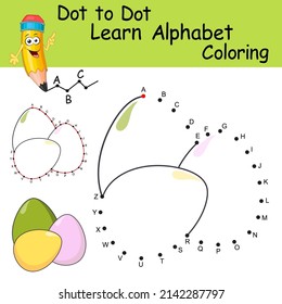 Dot to dot game with letters for kids. Learning the uppercase letters of English alphabet with cute cartoon Easter Eggs. Logic Game and Coloring Page for preschool. Worksheet for practicing alphabet.
