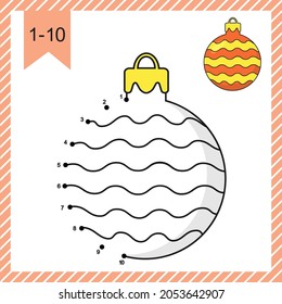 Juego de punto a punto. Bola de Año Nuevo. Juego lógico y página de color con respuesta. Conecte los puntos por números y termine de dibujar la caricatura Ball. Hoja de trabajo de educación simple para el bebé practicando los números de recuento a 10.