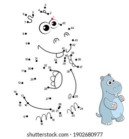 Dot to dot game with numbers and answer for kids. Connect the dots by numbers and finish the picture. Education Game and Coloring Page with cartoon cute Hippo character. Practice counting to 45.