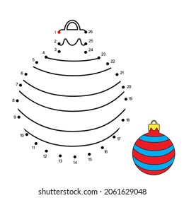 Dot to dot game with numbers and answer for kids. Christmas Ball. Connect the dots by numbers and finish picture. Education Game and Coloring Page with cartoon New Year Ball. Practice counting to 26.